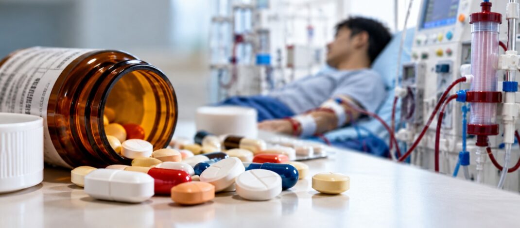 Ilustrasi obat dan pasien yang menjalani cuci darah
