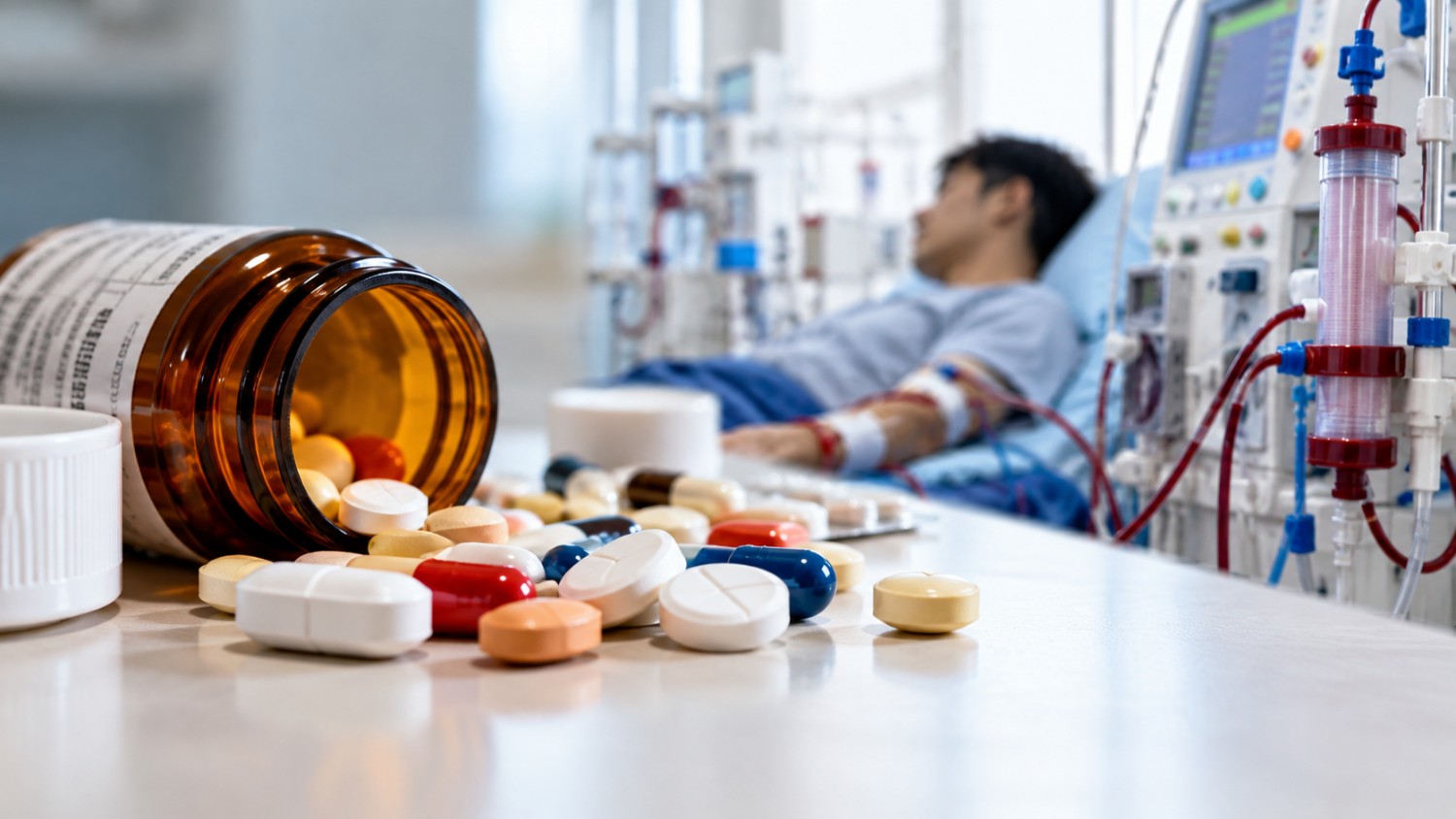 Ilustrasi obat dan pasien yang menjalani cuci darah